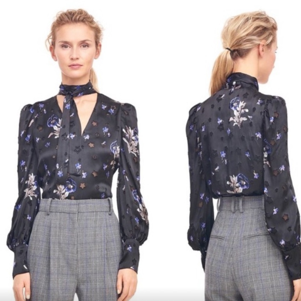 REBECCA TAYLOR Violet Satin Burnout Scarf Neck Blouse. Size 4